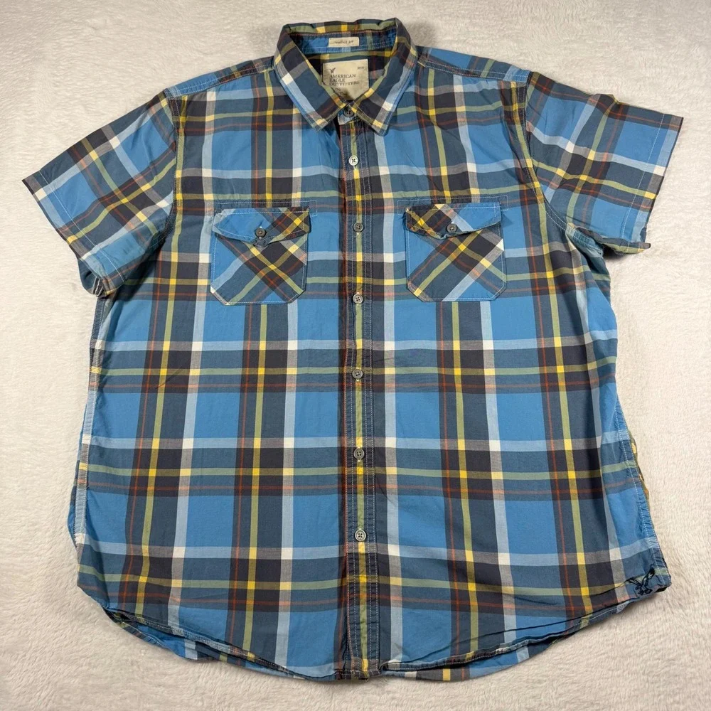 American Eagle Plaid Shirt Mens XL Blue Vintage Fit Short Sleeve Button Down